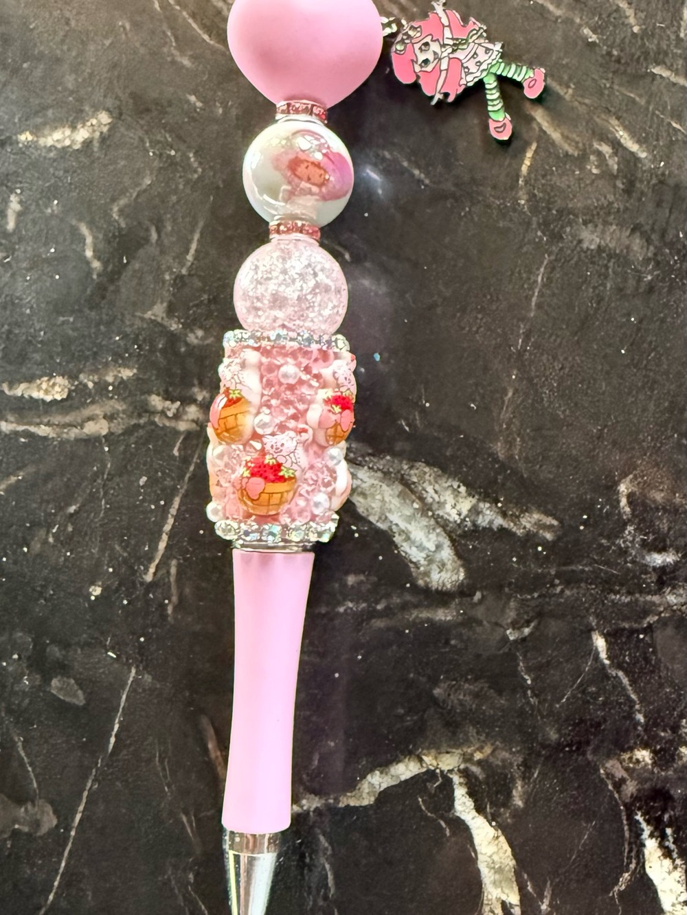 Pink Beaded Charm Ballpoint Pen with Strawberry Kitty and Strawberry Shortcake